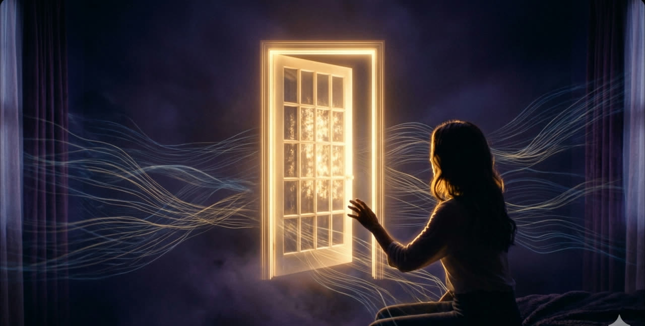 A doorway of golden light opening in the dark, the theta window